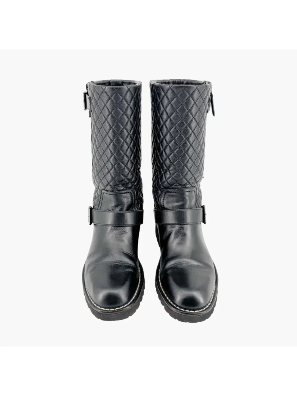 Chanel Quilted Moto Boots EU 37.5 US 6.5-7 Black Leather CC Biker Riding Calf